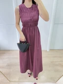 Kolsuz Göğüs Lastıklı %100 Poplin Uzun Elbise - Bordo thumbnail 7