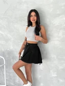 Şık Pileli Yazlık Mini Etekli Kot- Siyah - 4