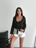 Keten Uzun Kol Bağacık Detaylı Bluz - Siyah thumbnail 1