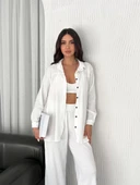 Yakalı Düğmeli Uzun Kollu Gömlek Pantolon ikili Takım - Beyaz thumbnail 3