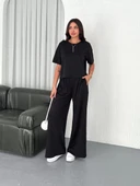 Osy Modal Yumuşak Dokulu Kumaş Bisiklet Yaka T-shirt Bol paça Pantalon ikili Takım -Siyah thumbnail 8