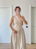 Krep Arkası Kanat Arka Ön Pens Detaylı Uzun Kadın Elbise - Bej thumbnail 1