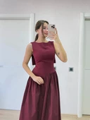 Krep Arkası Kanat Arka Ön Pens Detaylı Uzun Kadın Elbise - Bordo thumbnail 5