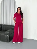 Osy Modal Yumuşak Dokulu Kumaş Bisiklet Yaka T-shirt Bol paça Pantalon ikili Takım -Bordo thumbnail 4