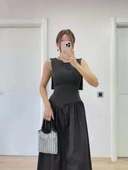 Krep Arkası Kanat Arka Ön Pens Detaylı Uzun Kadın Elbise - Siyah thumbnail 6