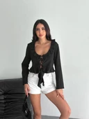 Keten Uzun Kol Bağacık Detaylı Bluz - Siyah thumbnail 5