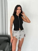 Yakalı Tam Fermuarlı Kolsuz Bluz - Siyah thumbnail 3