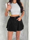 Şık Pileli Yazlık Mini Etekli Kot- Siyah - 3