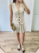 Keten Takım Görünümlü Düğme Detaylı Yelekli Mini Elbise - Bej thumbnail 2