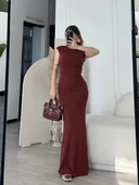 Kolsuz Uzun Likralı Elbise - Bordo thumbnail 7