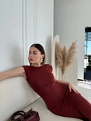 Kolsuz Uzun Likralı Elbise - Bordo thumbnail 6