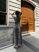 Leopar Desenli Fermuarlı Cepli Pileli Kadın Midi Elbise- Leopar thumbnail 7