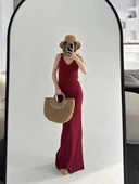 Örgülü Uzun Triko Elbise - Bordo thumbnail 3