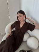 Kısa Kollu Uzun Elbise - Kahve thumbnail 3