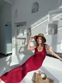 Örgülü Uzun Triko Elbise - Bordo thumbnail 4