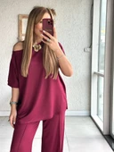 Lucky Life Kadın Tek Omuzdan Açık Geniş Kesim Viskon Iki Iplik Bluz Ve Pantolon Ikili Takım thumbnail 1