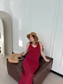 Örgülü Uzun Triko Elbise - Bordo thumbnail 2