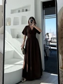 Kısa Kollu Uzun Elbise - Kahve thumbnail 6