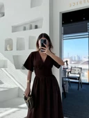 Kısa Kollu Uzun Elbise - Kahve thumbnail 2