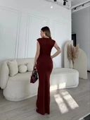 Kolsuz Uzun Likralı Elbise - Bordo thumbnail 3