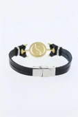 Gold Renk Yin Yang Figürlü Metal Aksesuarlı Siyah Renk Deri Erkek Bileklik - 2