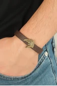 Eskitme Renk Metal Kartal Aksesuarlı Kahverengi Deri Erkek Bileklik thumbnail 1