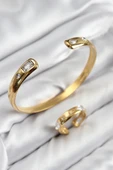 Pirinç Zirkon Taşlı Ayrık Model Gold Renk Bileklik Yüzük Set thumbnail 1