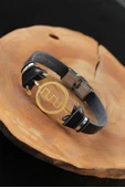 Gold Renk Metal Labirent Tasarım Siyah Renk Deri Erkek Bileklik thumbnail 1