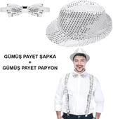 Gümüş Payetli Şapka Ve Papyon Seti – Parıltılı Yetişkin Kostüm Seti thumbnail 1