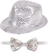 Gümüş Payetli Şapka Ve Papyon Seti – Parıltılı Yetişkin Kostüm Seti thumbnail 2