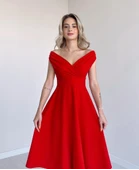 Kadın Kısa Kollu Kruvaze Yaka Eteği Volanlı Krep Elbise thumbnail 2