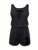 Kadın Askılı Yuvarlak Yaka Lazer Kesim Detaylı Bağcıklı Kısa Viskon Tulum thumbnail 4