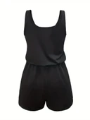 Kadın Askılı Yuvarlak Yaka Lazer Kesim Detaylı Bağcıklı Kısa Viskon Tulum thumbnail 5