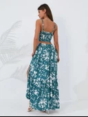 Kadın Ince Askılı çiçek Baskı Desenli Crop Yırtmaçlı Etek Ikili Süprem Takım thumbnail 6