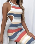 Kadın Kolsuz Bel Dekolte Detay şerit Desenli Pegasus Kumaş Elbise thumbnail 3