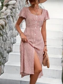 Kadın Kısa Kollu önü Düğmeli Volanlı Minik Leopar Desen Midi Viskon Elbise thumbnail 4