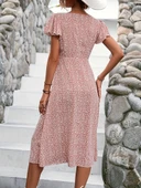 Kadın Kısa Kollu önü Düğmeli Volanlı Minik Leopar Desen Midi Viskon Elbise thumbnail 2