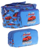 Kaukko (L7268+L8268) Beslenme Çantası (Isı Yalıtımlı) ve Kalem Çantası (Üç Bölme) Seti - Erkek Çocuk - Mavi Lacivert Yarış Arabası Desenli thumbnail 1