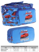 Kaukko (L7268+L8268) Beslenme Çantası (Isı Yalıtımlı) ve Kalem Çantası (Üç Bölme) Seti - Erkek Çocuk - Mavi Lacivert Yarış Arabası Desenli thumbnail 2