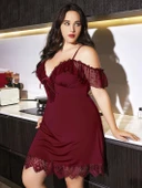 Litae Büyük Beden Bordo Dantel İşlemeli İnce Askılı Gecelik thumbnail 1