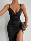 Kadın Askılı Kruvaze Yakalı Yırtmaçlı Krep Elbise thumbnail 3