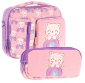 Kaukko Kids Kız Çocuk Somon Mor Kedi Desenli Üç Bölmeli Thermo Beslenme Çantası ve Kalemlik Seti (L7241+L8241) thumbnail 1