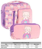 Kaukko Kids Kız Çocuk Somon Mor Kedi Desenli Üç Bölmeli Thermo Beslenme Çantası ve Kalemlik Seti (L7241+L8241) thumbnail 2