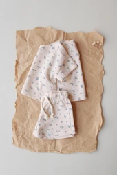 Mavi Çiçek Baskılı Waffle Şort Takım thumbnail 2