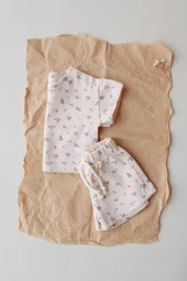 Mavi Çiçek Baskılı Waffle Şort Takım thumbnail 5