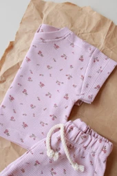 Pembe Çiçek Baskılı Waffle Şort Takım - 9