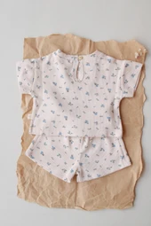 Mavi Çiçek Baskılı Waffle Şort Takım thumbnail 7