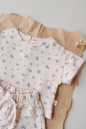 Mavi Çiçek Baskılı Waffle Şort Takım thumbnail 4