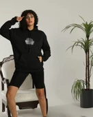 Unisex Sırt Baskılı Kapüşonlu Üç İplik Oversize Sweatshirt - Siyah thumbnail 3