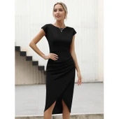 Lucky Life Kadın Yarım Ay Kollu Bisiklet Yaka Yandan Drapeli Ithal Krep Elbise - 2